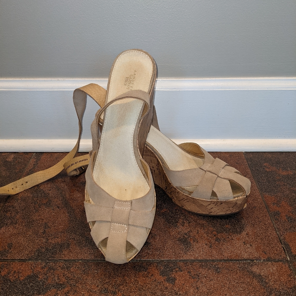 Lands' End Canvas 1963 Taupe Suede Wedge, sz 10